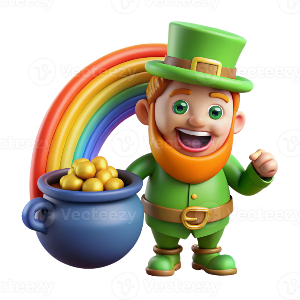 elegant vintage A leprechaun guarding his pot of gold at the end of a rainbow, mischievous grin, vibrant colors, cartoon style genuine png