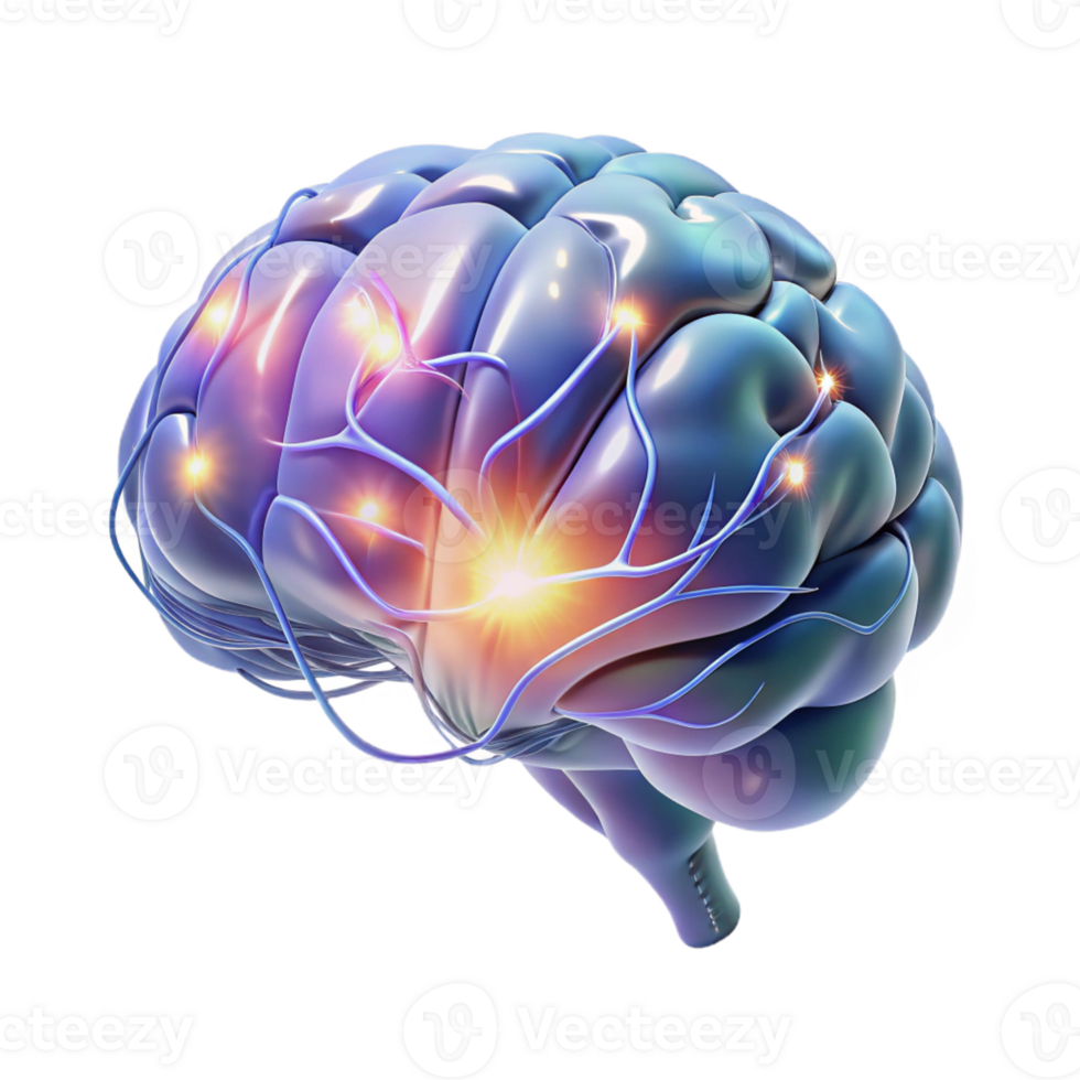 serene modern A holographic projection of a human brain, neural pathways firing and glowing, lit by an internal light high quality png