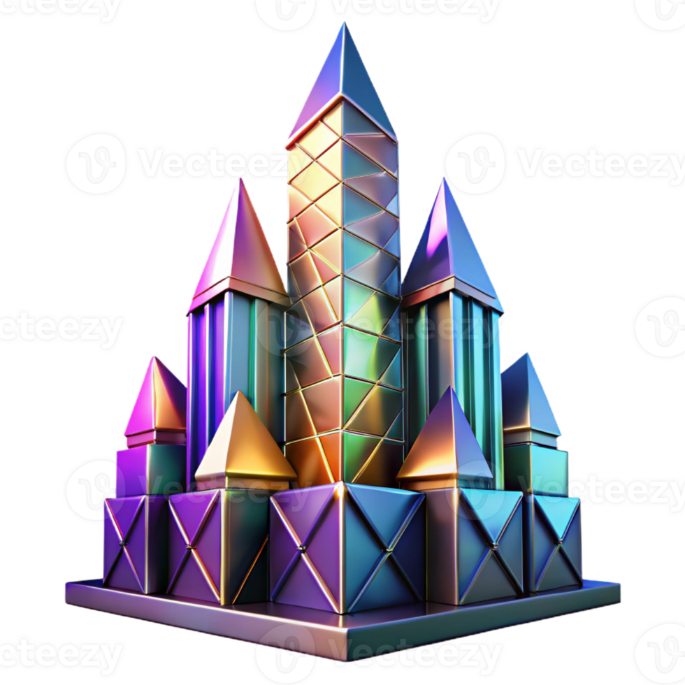 vibrant classic A postmodern skyscraper with fragmented geometry and vibrant colours, dramatic lighting, abstract style authentic png