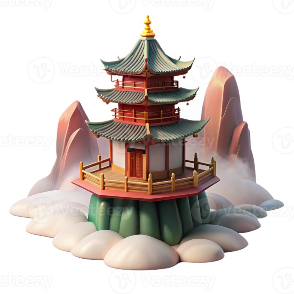 serene contemporary A traditional Chinese pagoda nestled in a mountain landscape, misty atmosphere, serene, traditional painting style, premium png
