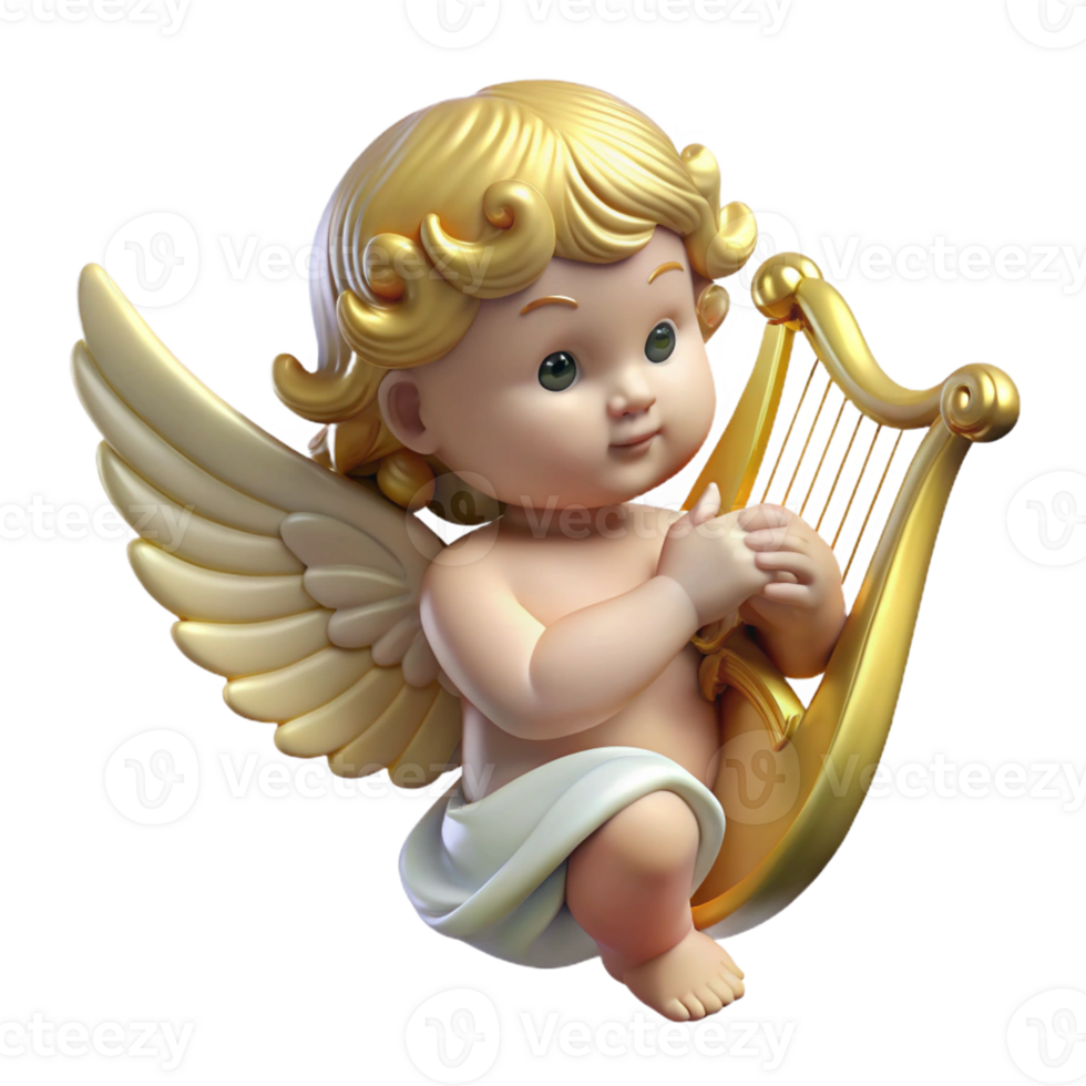 elegant contemporary A winged cherub playing a harp, soft golden light, Renaissance style professional png
