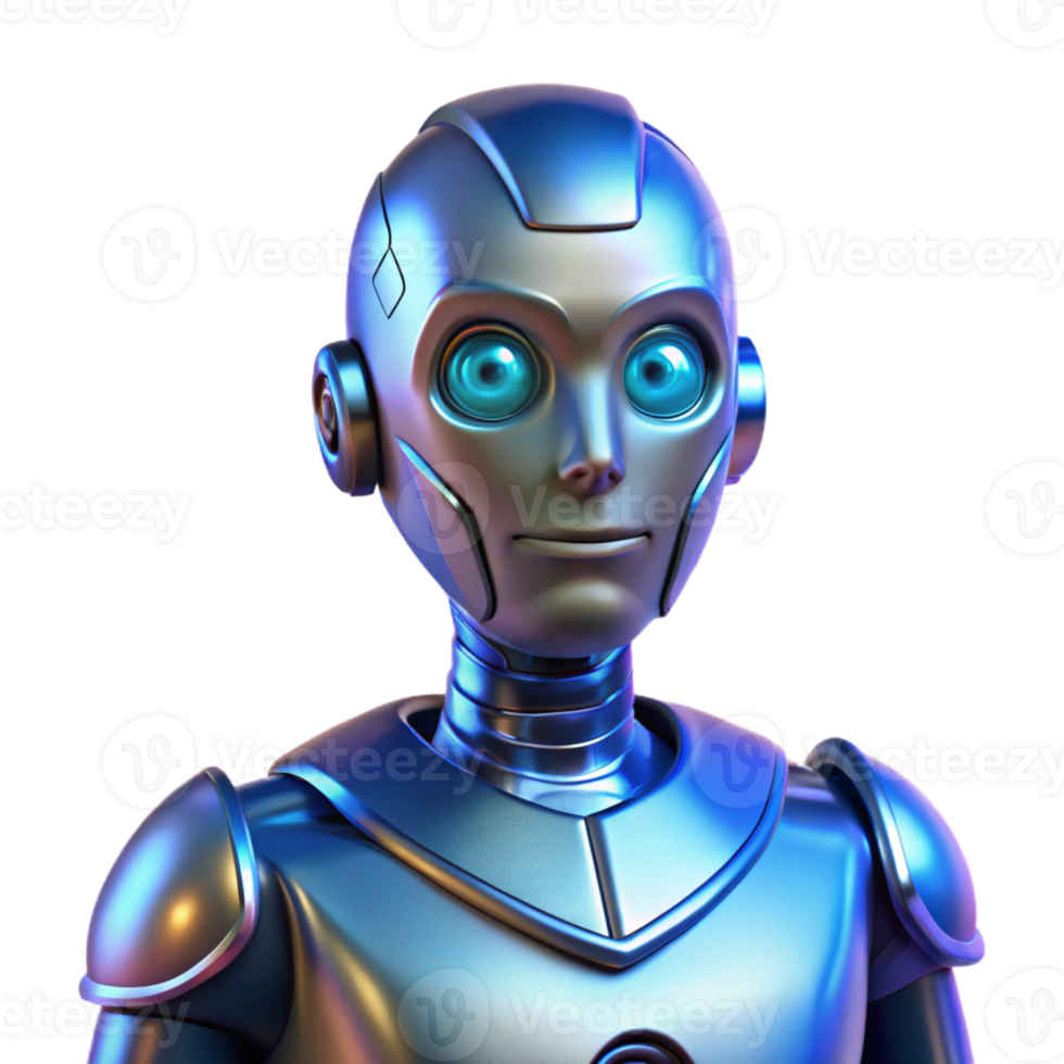 impressive modern A futuristic android with glowing blue eyes and metallic skin, neon lighting, digital art style premium png