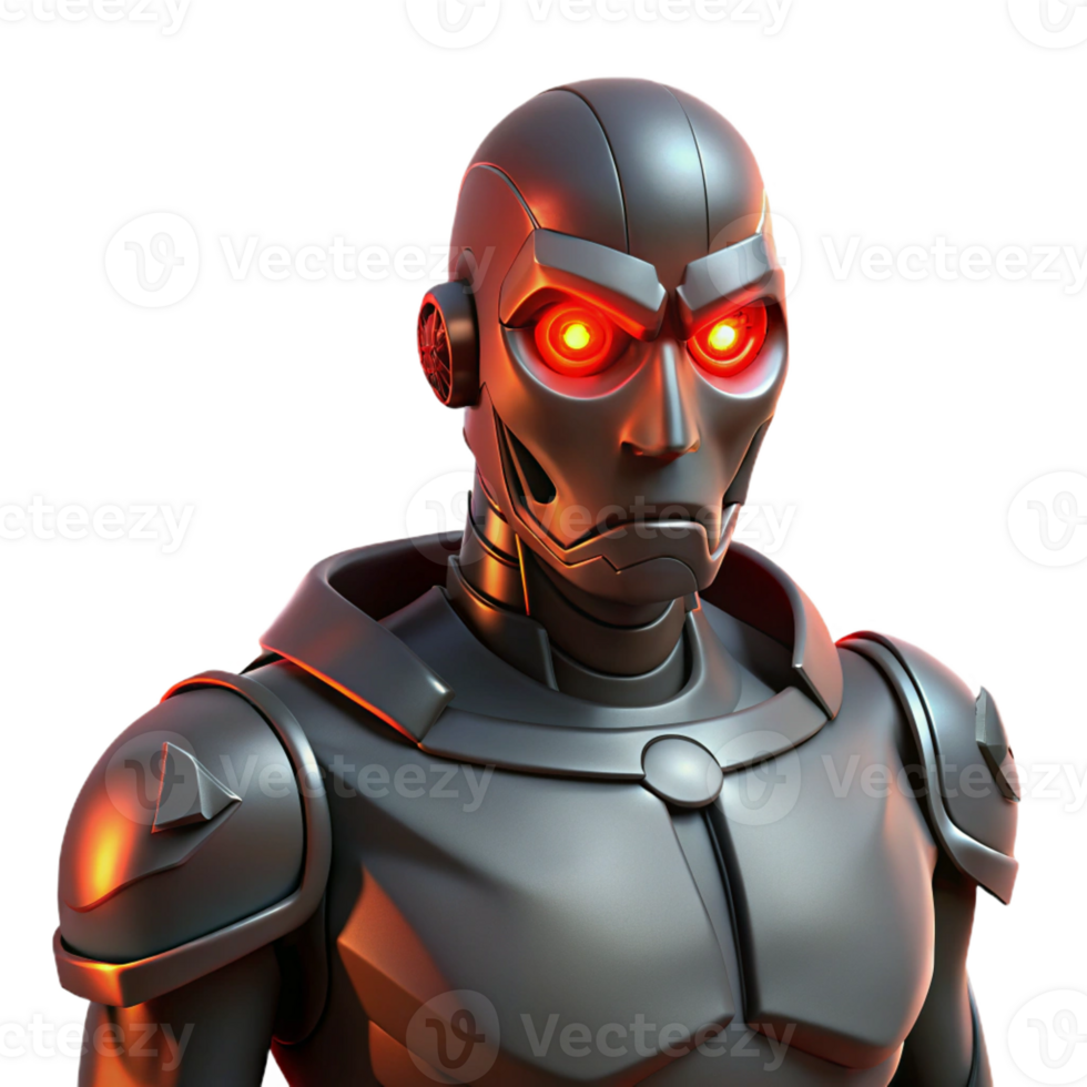 wonderful classic A cyborg with glowing red eyes, menacing and powerful, dark and gritty 4K png