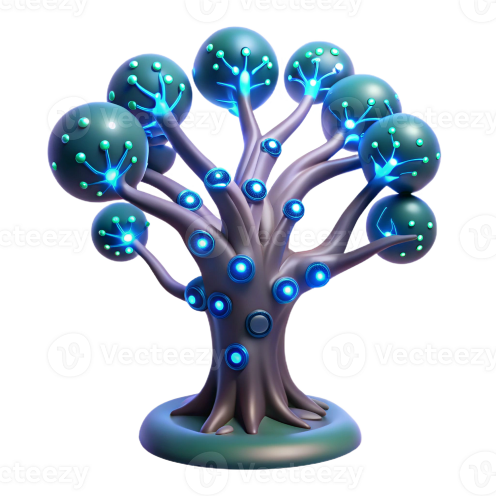 vibrant abstract A bioluminescent tree with glowing circuitry embedded in its branches, fantasy style, ethereal lighting high quality png