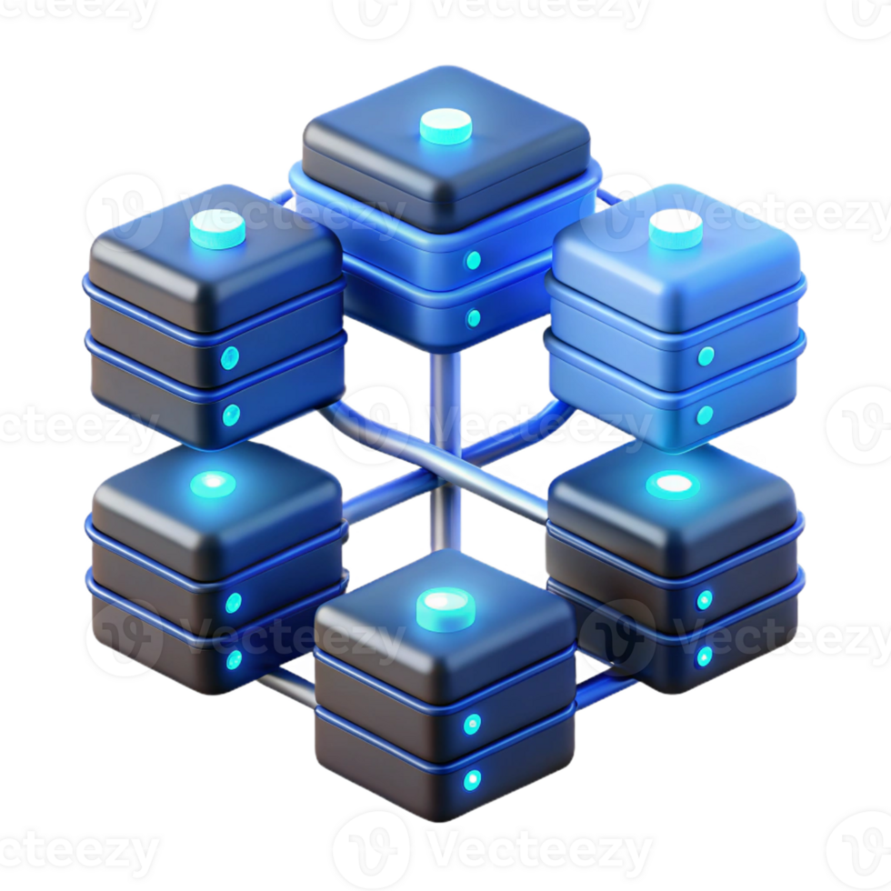 dramatic abstract A network of interconnected servers, glowing with activity, data streams flowing between them, lit by cool blue server lights professional png