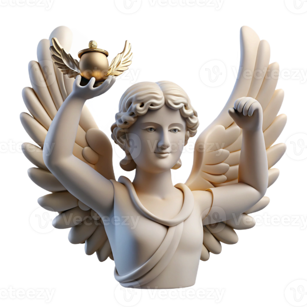 impressive vintage A winged Nike holding a laurel wreath, triumphant pose, classical Greek sculpture style, soft natural light 4K png