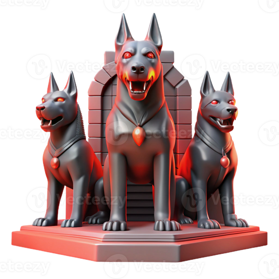 magnificent abstract A three-headed Cerberus guarding the gates of Hades, depicted in a brutalist architectural style, ominous red lighting professional png