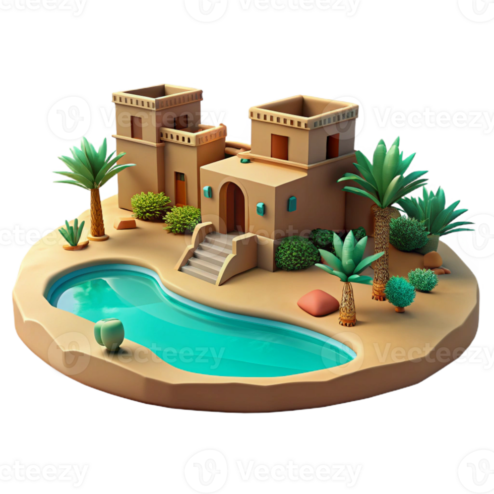 impressive traditional A desert oasis, adobe buildings, shimmering heat haze, vibrant turquoise water, peaceful, serene style high resolution png