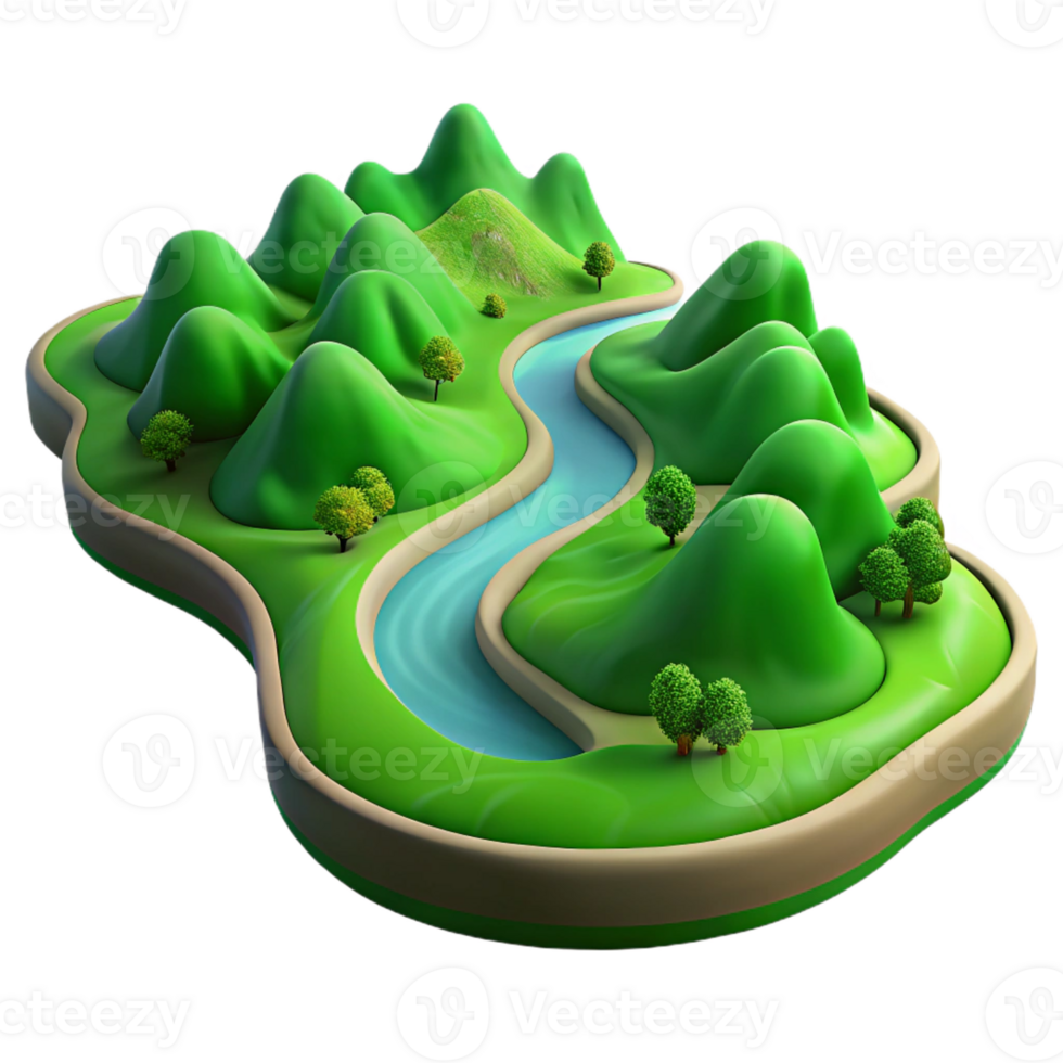 wonderful contemporary A winding river flowing through a lush green valley, seen from a high vantage point, in a panoramic, landscape style professional png