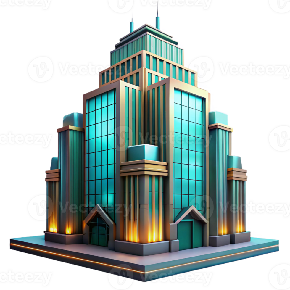 magnificent modern Art Deco skyscraper, intricate geometric facade, amber and teal neon lights, smooth metallic textures, dusk, rainy reflection on the street, hyperrealistic style exclusive png