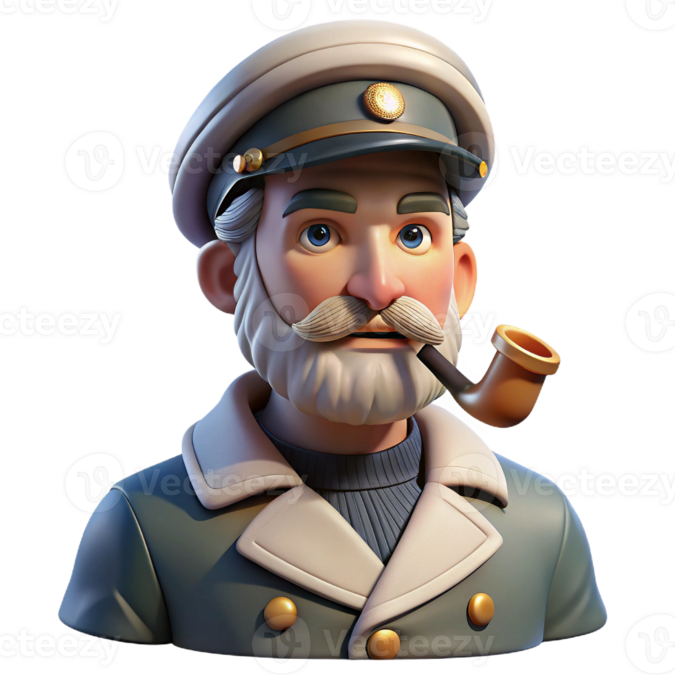 serene creative Portrait of a weathered sea captain with a pipe in his mouth, golden hour lighting, realistic style original png