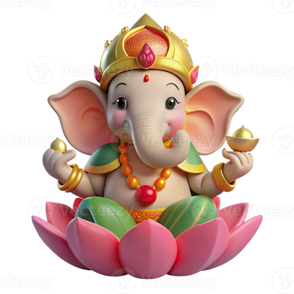 wonderful artistic The Hindu god Ganesha, with an elephant head and vibrant colorful garments, seated on a lotus flower, intricate Indian miniature style exclusive png