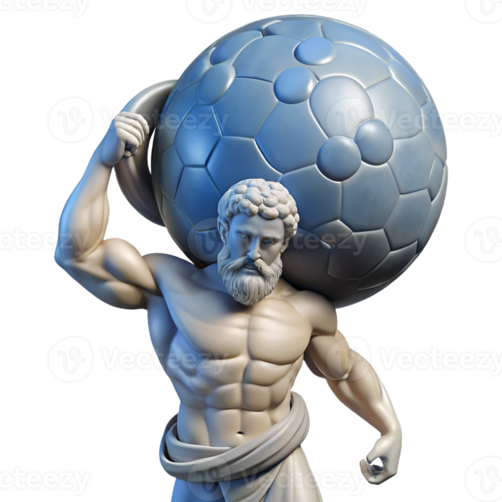 elegant creative A stoic Atlas holding the celestial sphere on his shoulders, muscles straining under the weight, classical sculpture style detailed png