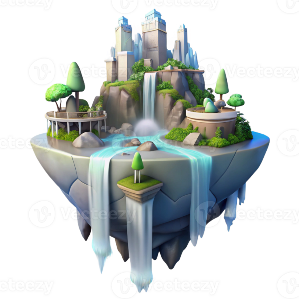 dramatic rustic Floating island city, waterfalls cascading down the sides, ethereal glow, dreamlike atmosphere, matte painting style, original png