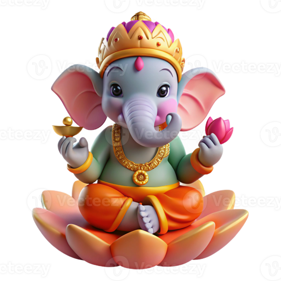 beautiful traditional The Hindu god Ganesha, with an elephant head and vibrant colorful garments, seated on a lotus flower, intricate Indian miniature style 4K png