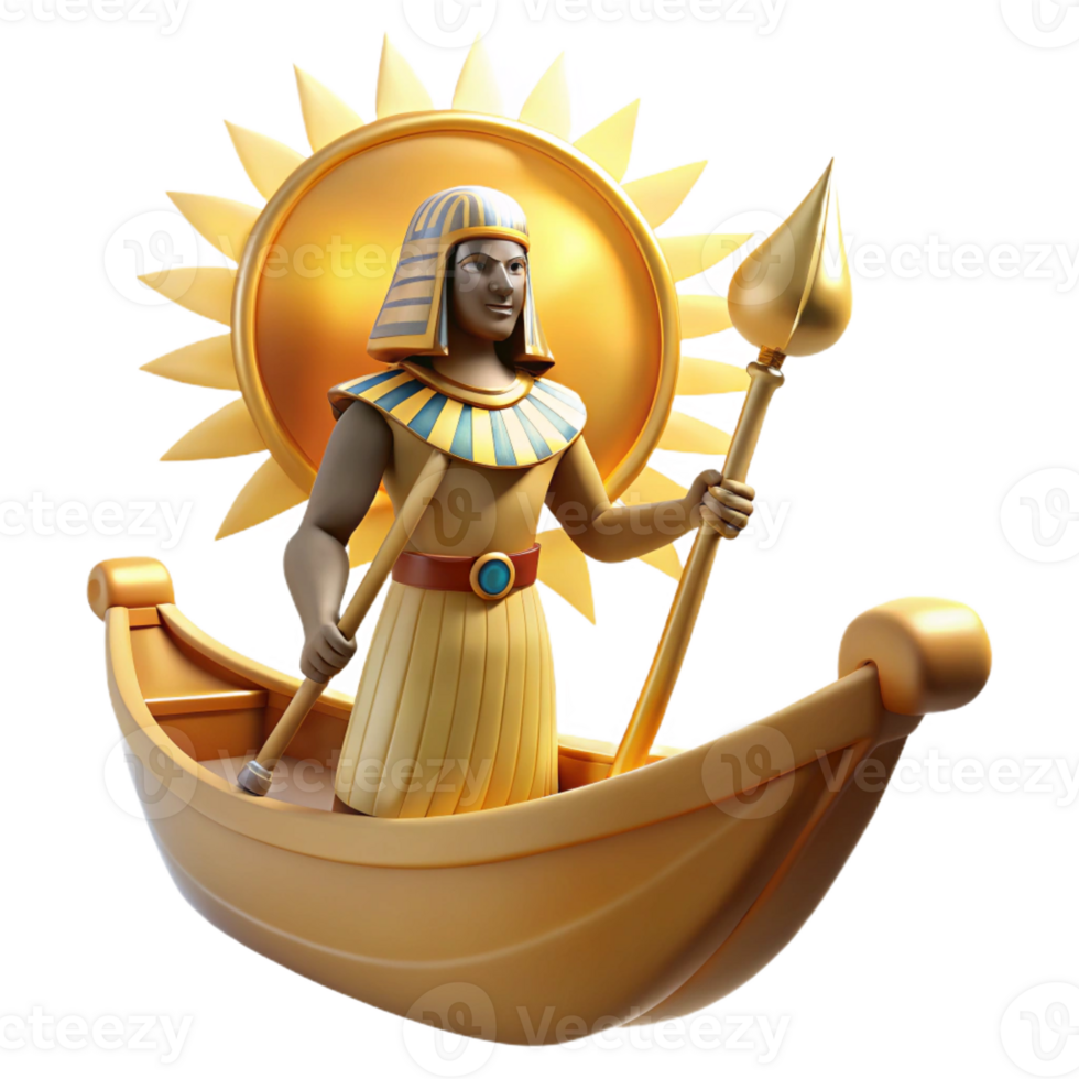 beautiful modern The Egyptian god Ra sailing across the sky in his solar barque, bathed in golden sunlight, ancient Egyptian art style authentic png