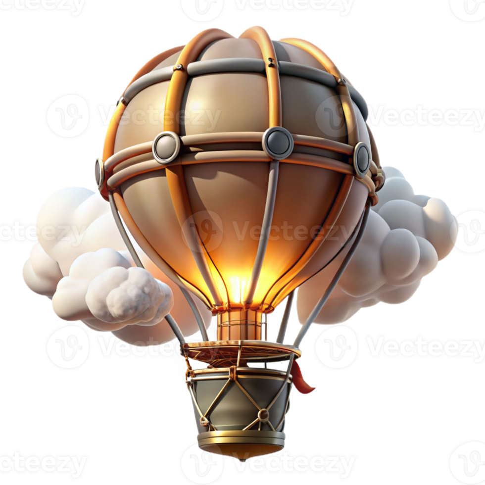 extraordinary artistic A steampunk hot air balloon soaring through the clouds, intricate basket and burner, illuminated by a bright, sunny sky detailed png