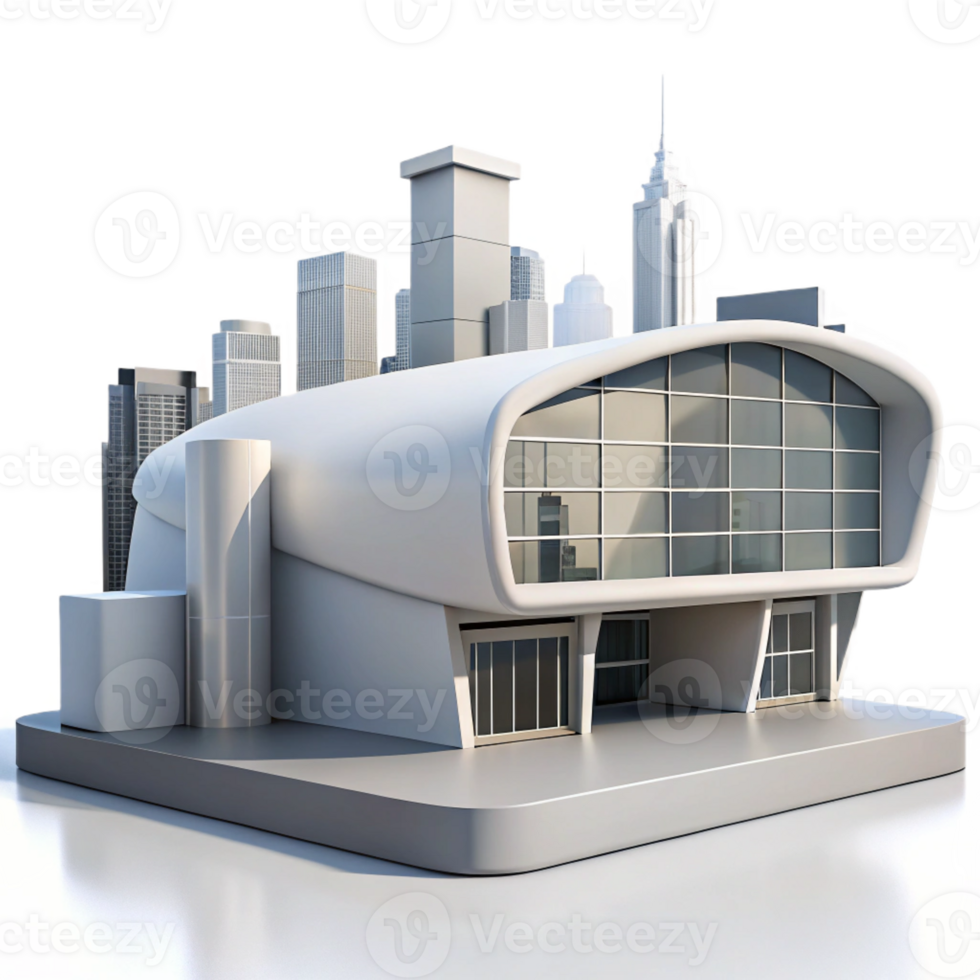 beautiful minimalist Modern art museum, sleek white concrete, large glass windows, city skyline backdrop, contemporary, genuine png