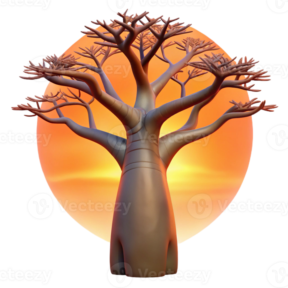 dramatic minimalist A colossal baobab tree silhouetted against a fiery sunset, its branches reaching like skeletal fingers, painted in a hyperrealistic style detailed png