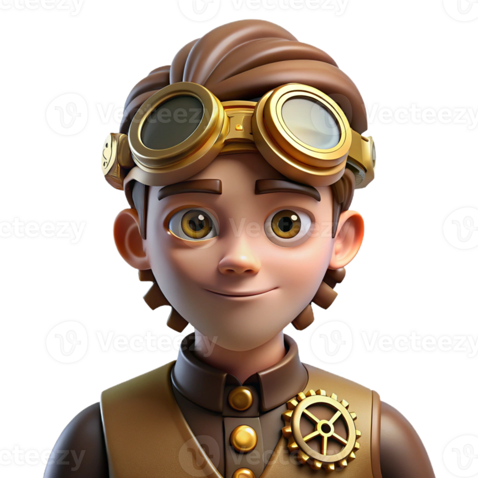 vibrant classic Portrait of a steampunk inventor with goggles and intricate clockwork gears on their face, warm, sepia-toned lighting, steampunk style high resolution png