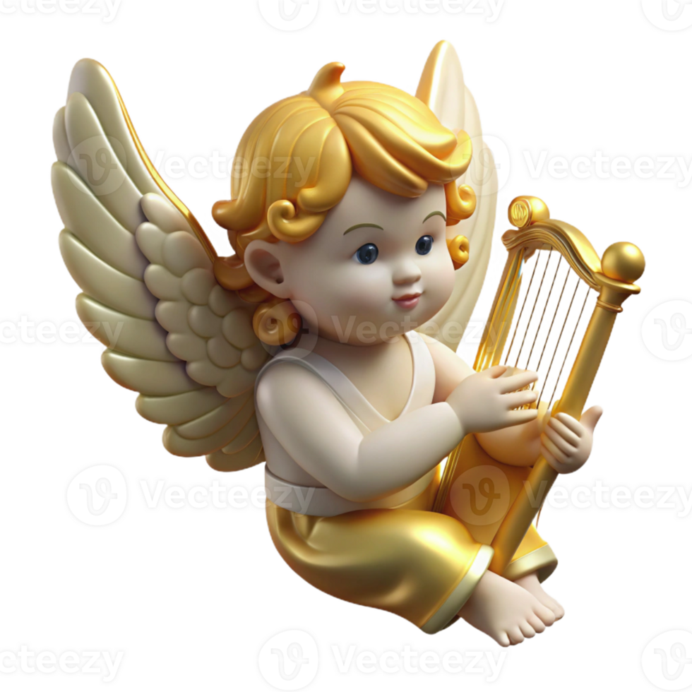 beautiful contemporary A winged cherub playing a harp, soft golden light, Renaissance style professional png
