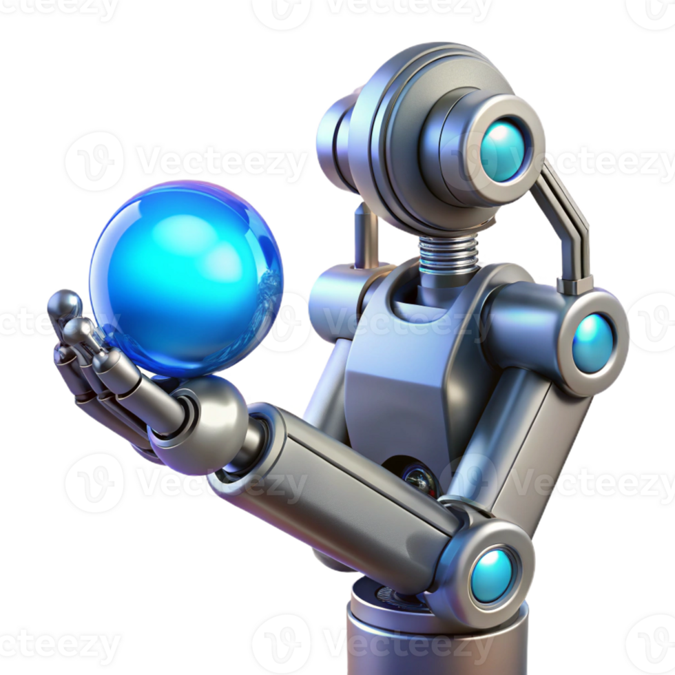 stunning abstract A chrome robotic arm delicately holding a glowing orb of data, intricate circuitry visible beneath its polished surface, lit by a soft blue light, cinematic style genuine png