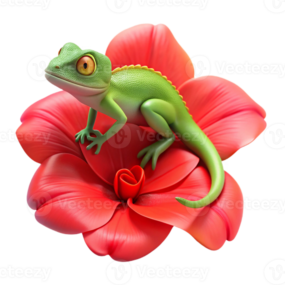 extraordinary creative A chameleon perched on a bright red hibiscus, vibrant colours, macro photography, shallow depth of field original png