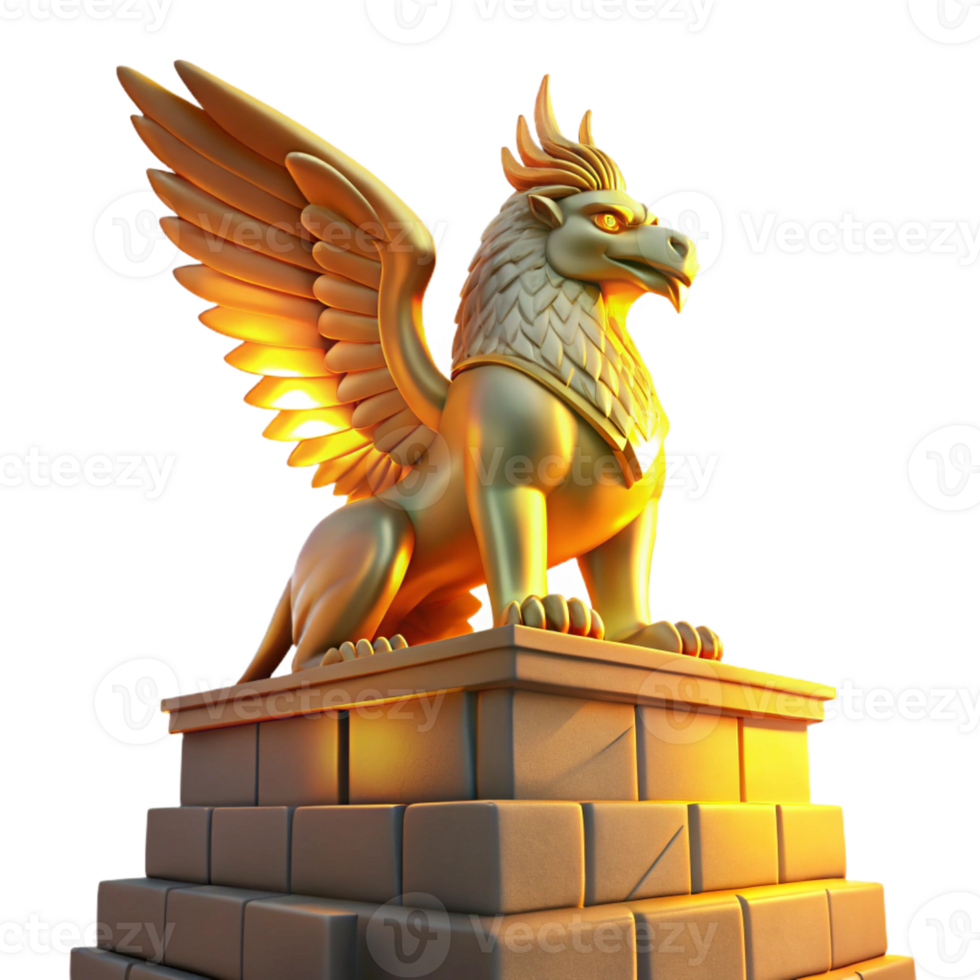 serene rustic A majestic griffin perched atop a crumbling ziggurat bathed in golden sunset light, Art Deco style professional png