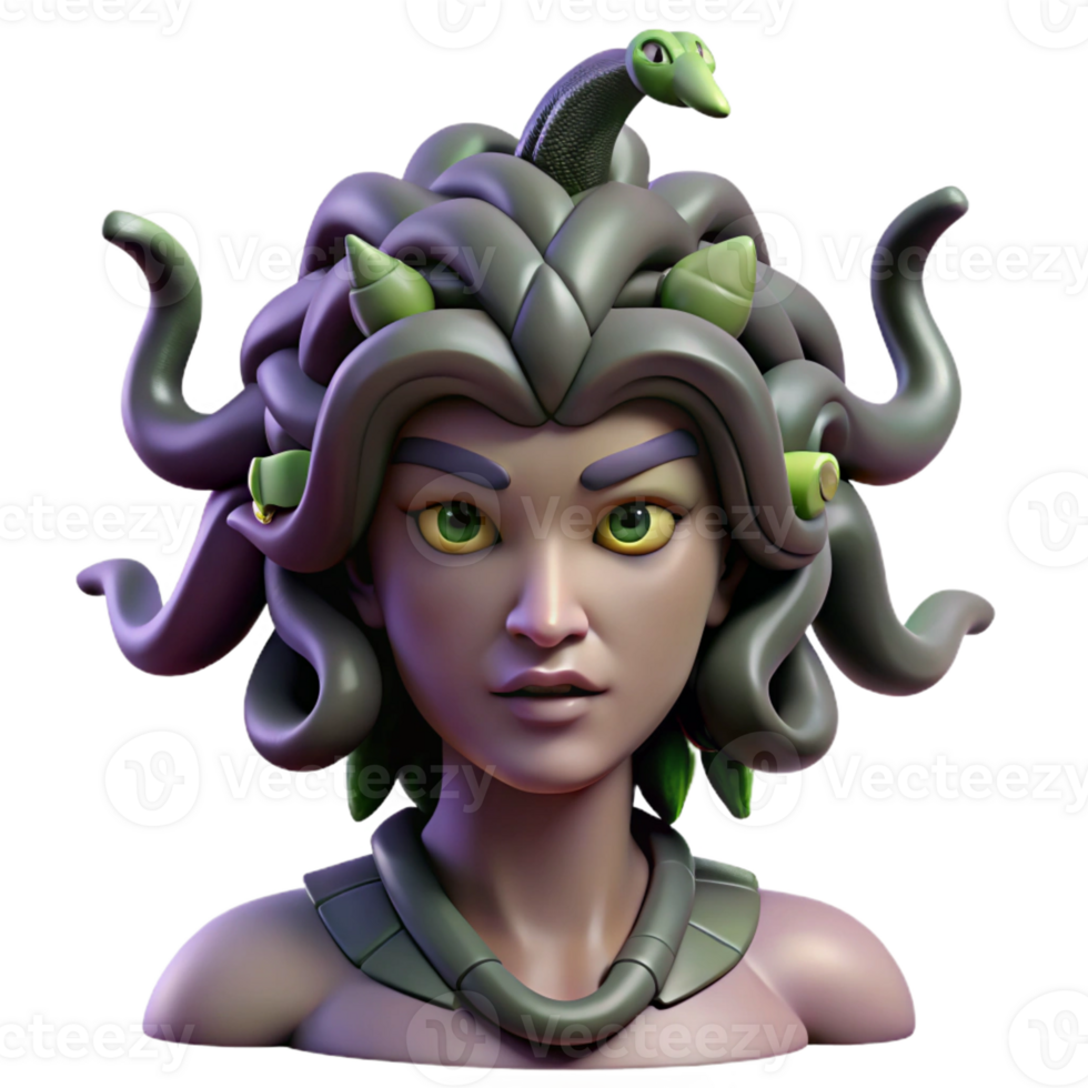 vibrant vintage Medusa, with snakes for hair, turning a warrior to stone, dark and gothic style, dimly lit high quality png