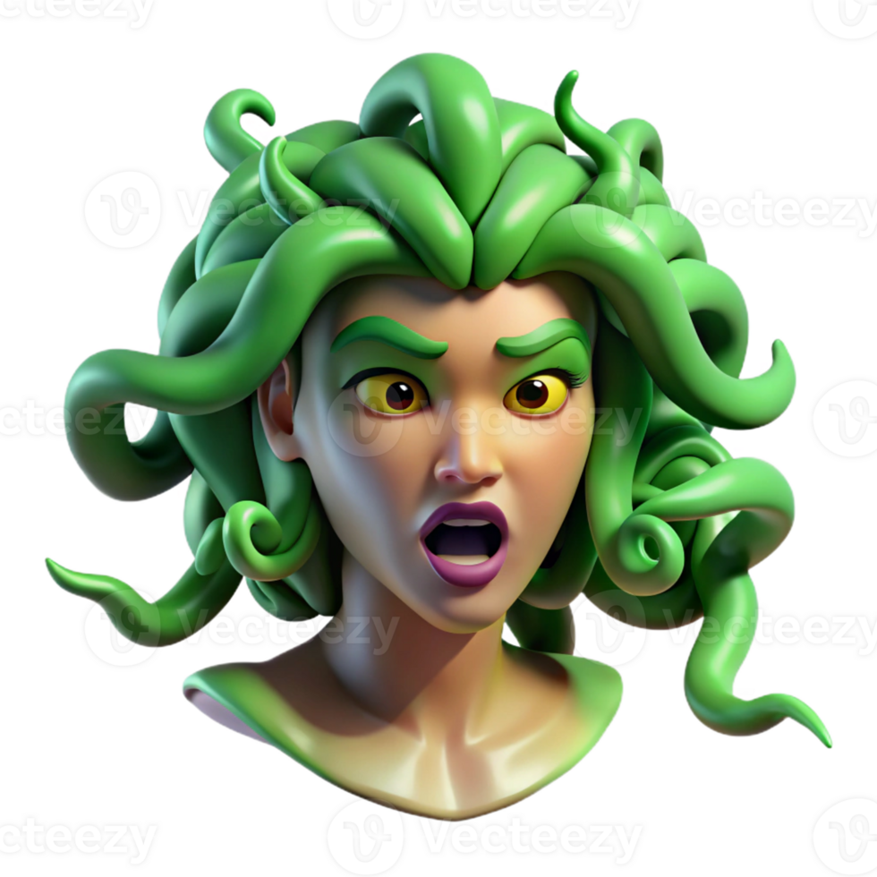 magnificent abstract A fierce Medusa with snakes for hair, intense green lighting, Surrealist style authentic png