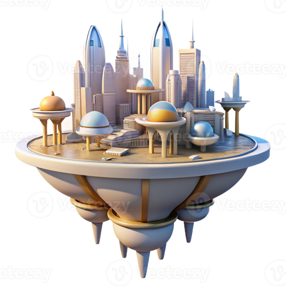impressive contemporary A floating city with interconnected platforms, futuristic architecture, bright sunlight, utopian setting genuine png
