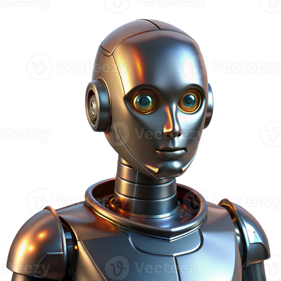 dramatic artistic A portrait of a robot with human-like features, metallic reflections, cinematic lighting original png