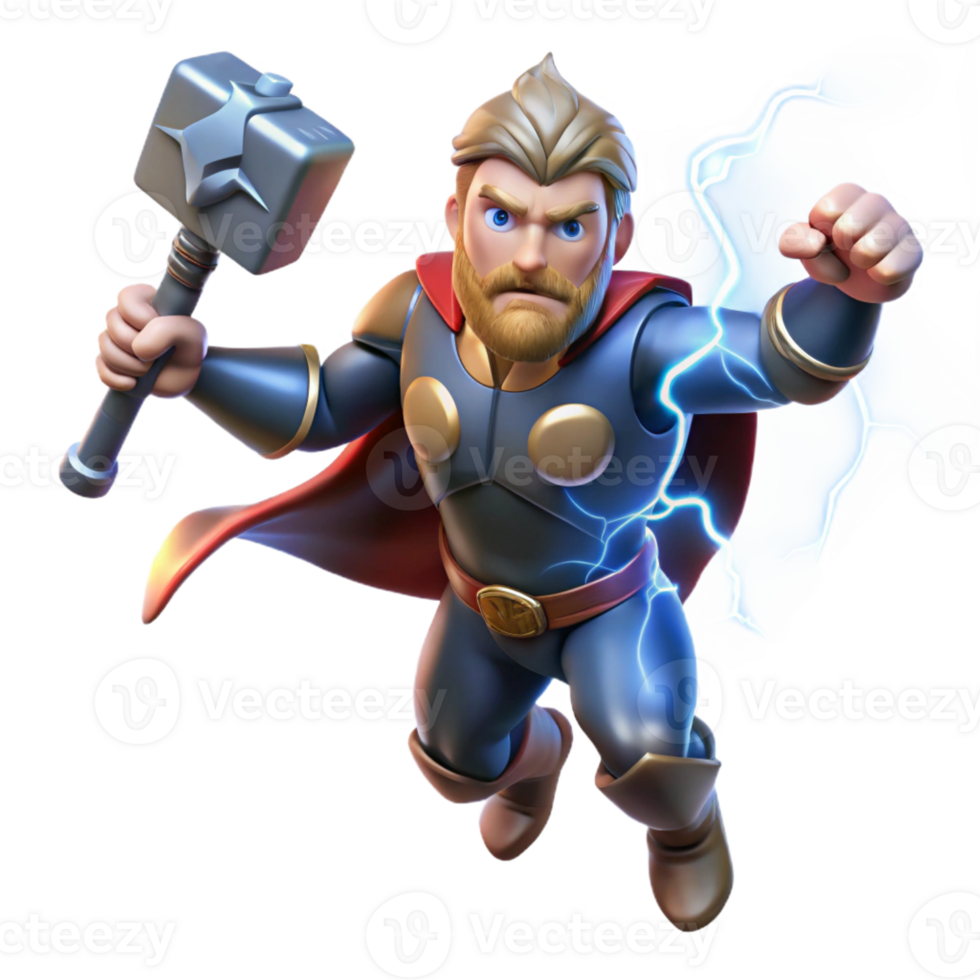 dramatic rustic Thor, wielding Mjolnir, summoning a lightning storm, dynamic composition, comic book style 4K png