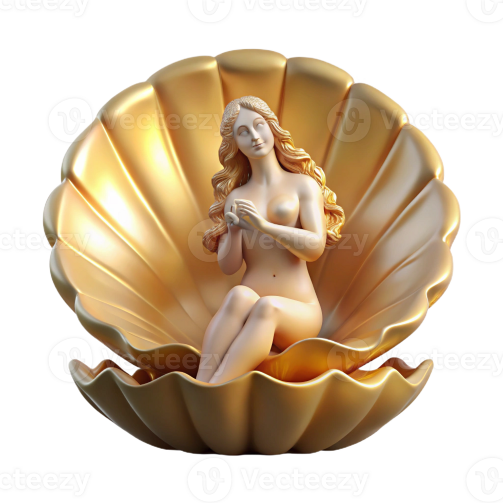 magnificent artistic A serene Aphrodite emerging from a giant scallop shell, soft golden light, Pre-Raphaelite style professional png