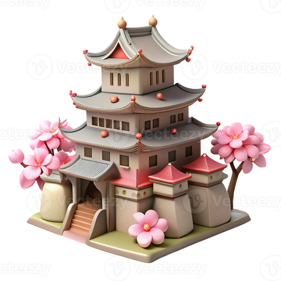 dramatic classic A traditional Japanese castle, cherry blossoms in the foreground, soft pink and white hues, ukiyo-e style, high resolution png