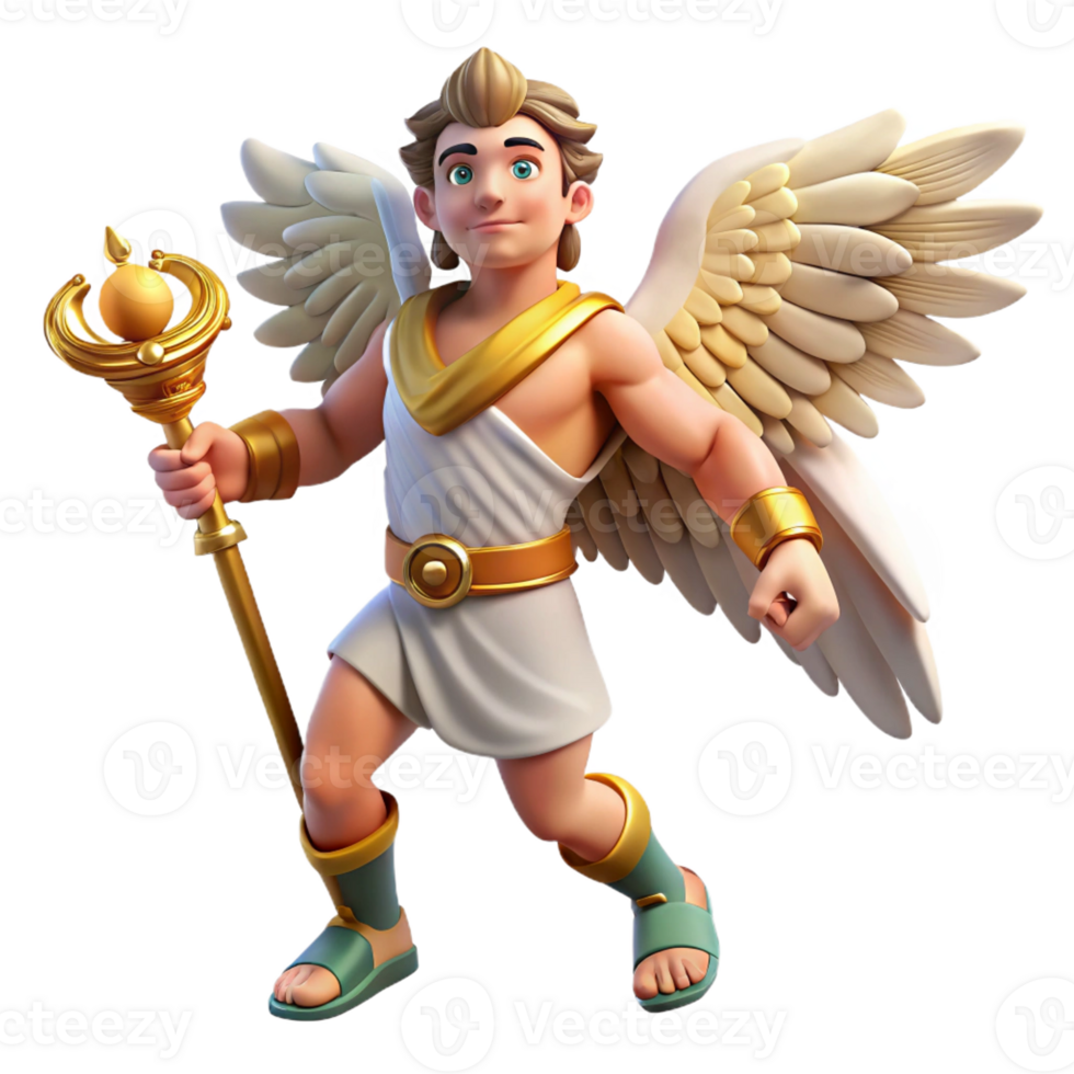 magnificent minimalist Hermes, messenger of the gods, with winged sandals and a caduceus, dynamic pose, comic book style high resolution png
