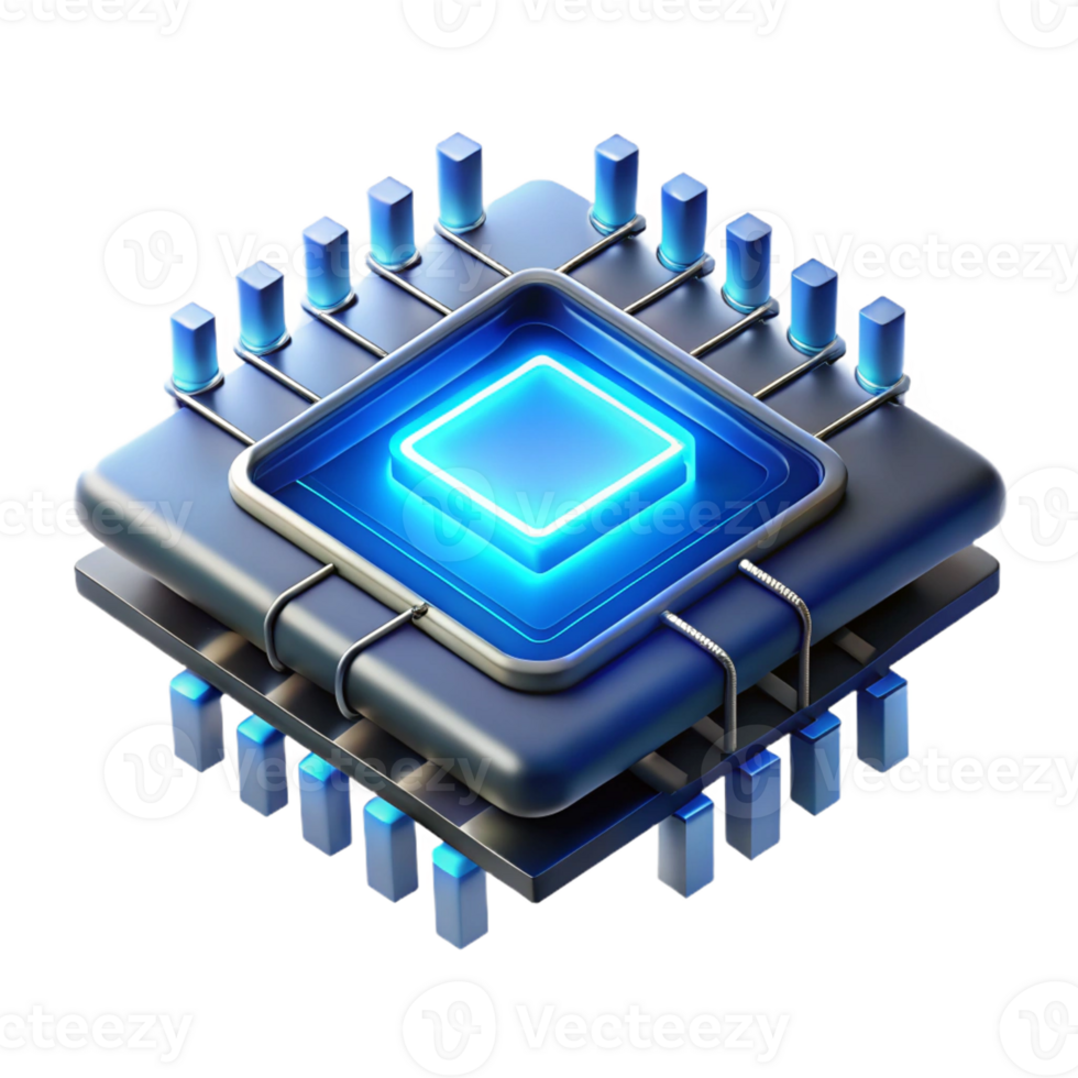 wonderful minimalist A single microchip, magnified to reveal its complex circuitry glowing with neon blue light, cyberpunk style, dramatic perspective authentic png