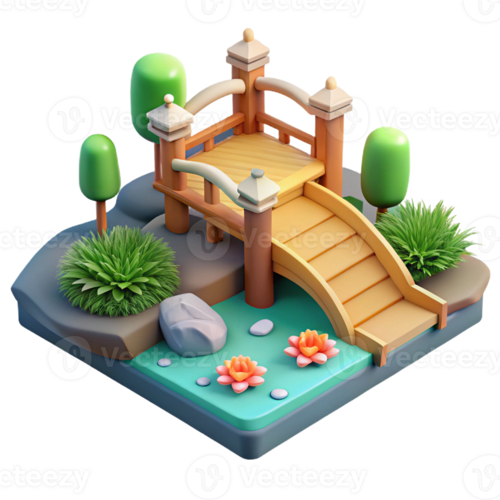 vibrant contemporary A traditional Japanese garden with a stone bridge and a koi pond, serene and tranquil atmosphere, soft light high resolution png