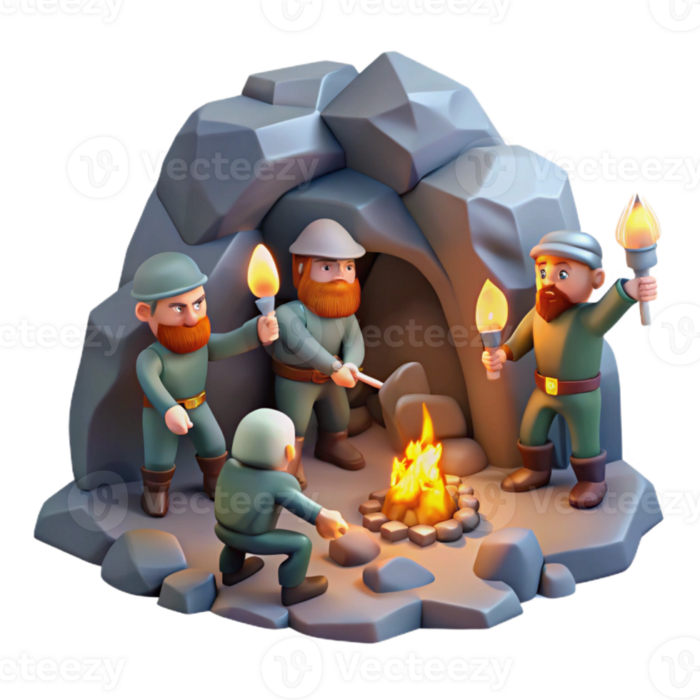 impressive rustic A group of dwarves mining for gems in a dimly lit cavern, flickering torchlight, realistic style exclusive png