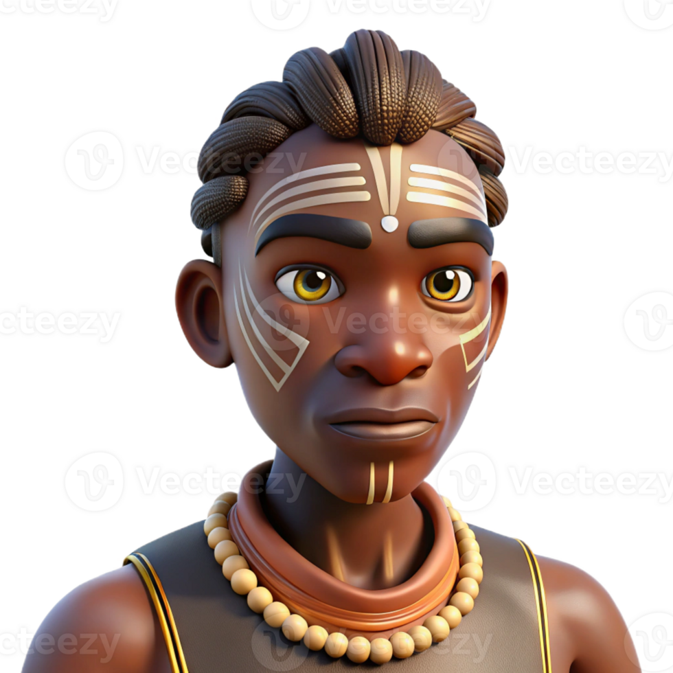 beautiful creative An African tribesman with intricate facial paint, a serious expression, natural sunlight, documentary style genuine png