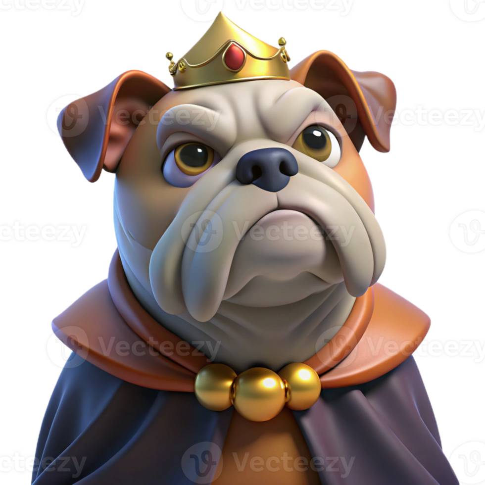 vibrant creative A grumpy-looking bulldog wearing a tiny crown and a velvet cape, lit dramatically from below, in a Renaissance painting style exclusive png