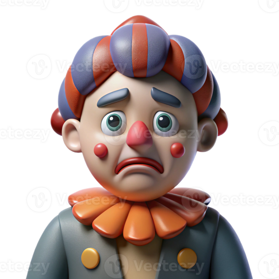 wonderful contemporary A clown with exaggerated features and a sad expression, wearing a tattered costume, dimly lit circus tent, melancholic style exclusive png