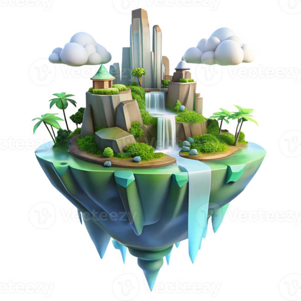 wonderful rustic Floating island city, lush greenery, waterfalls, ethereal light, fantasy, premium png