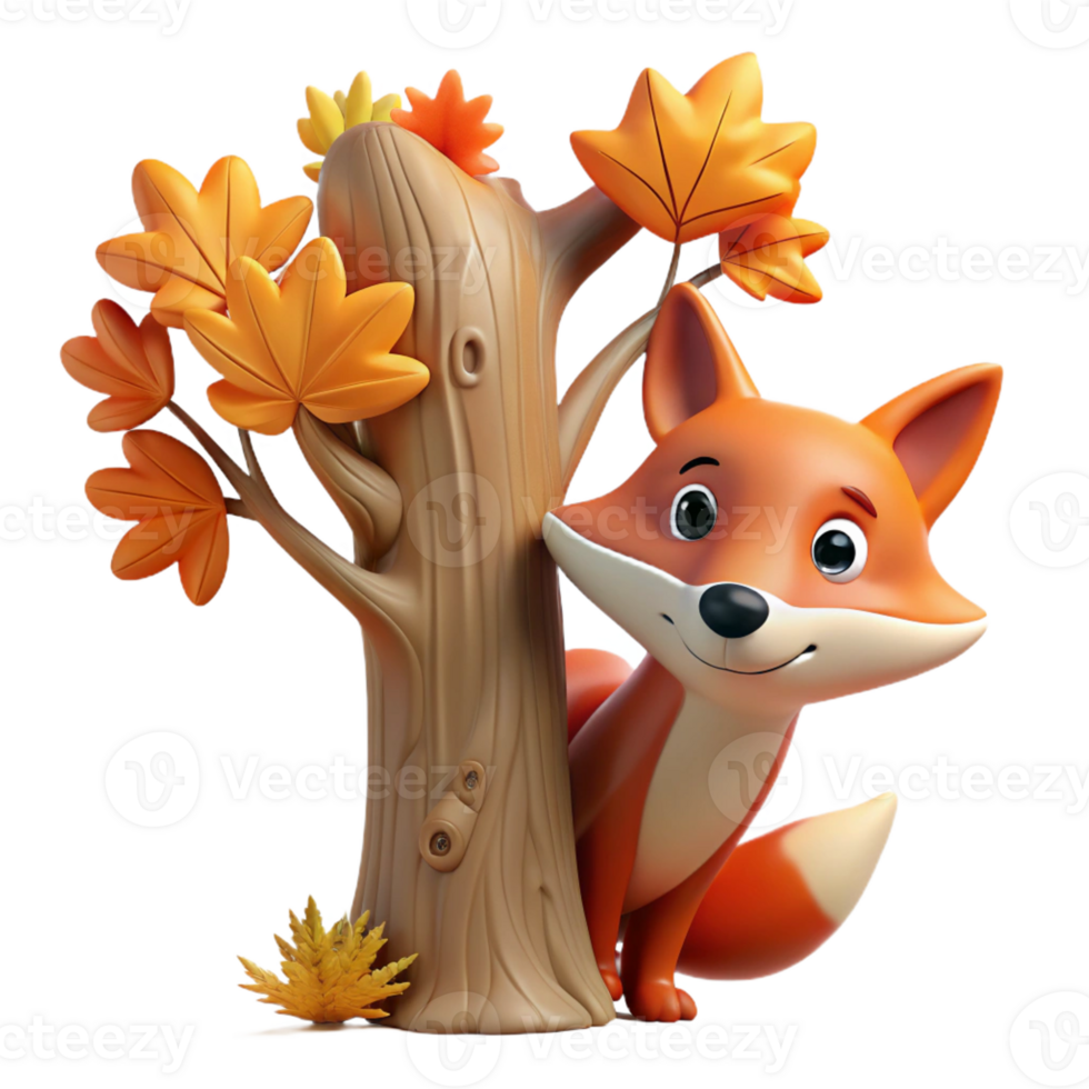 stunning modern A curious fox peering out from behind a tree, autumnal colors, vintage style, high quality png