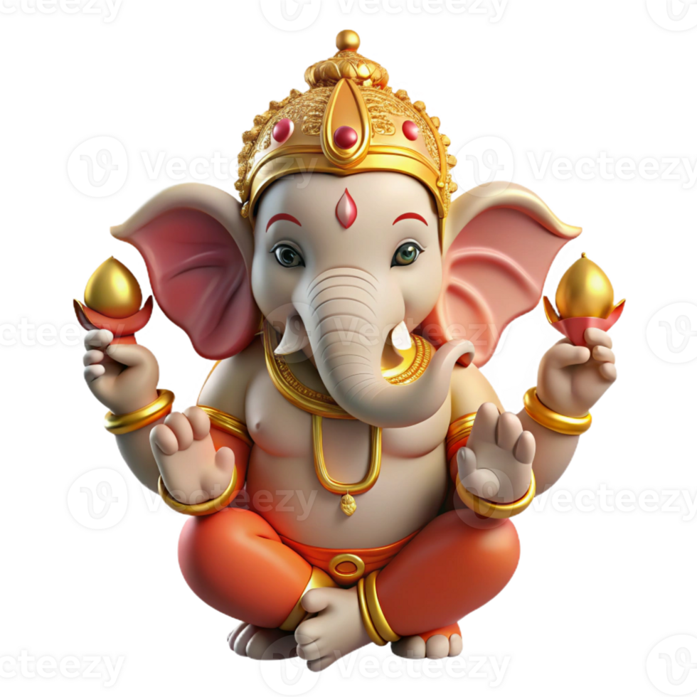 dramatic modern Ganesha, Hindu god of wisdom and prosperity, with an elephant head and multiple arms, intricate details, religious iconography style 4K png