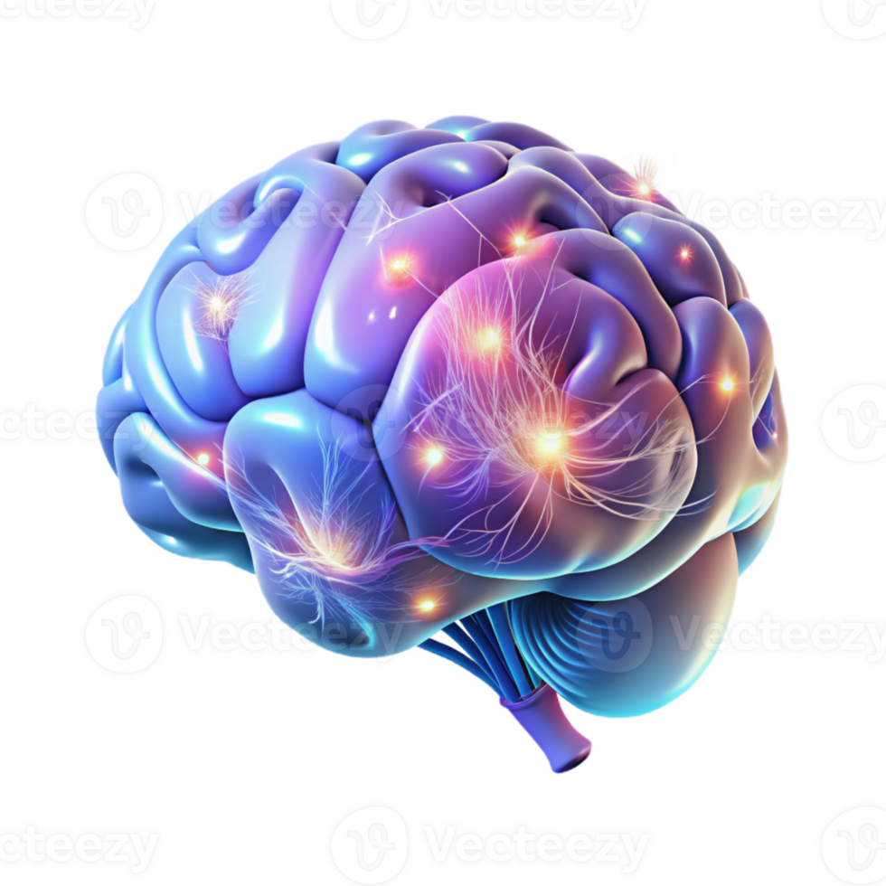 extraordinary rustic A holographic projection of a human brain, neural pathways firing and glowing, lit by an internal light detailed png