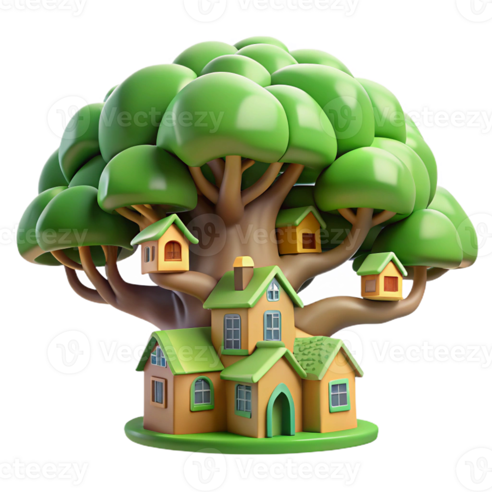 impressive vintage A giant tree with houses built into its branches, whimsical style, dappled sunlight, vibrant green colors, high resolution png