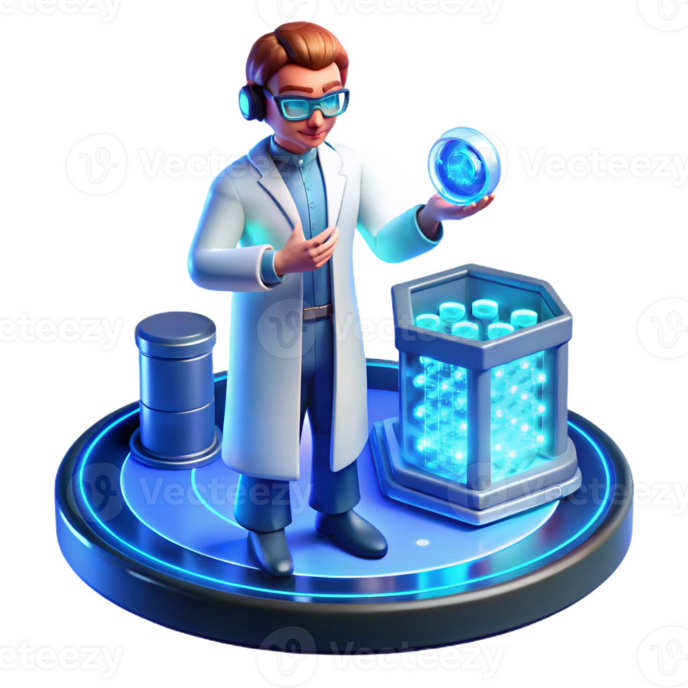 impressive minimalist A scientist working on a complex holographic interface, cool, blue lighting, futuristic style original png