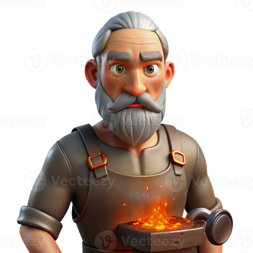 serene modern A stoic, elderly blacksmith with soot-covered skin and fiery orange embers reflecting in his eyes, Rembrandt lighting, realistic style genuine png