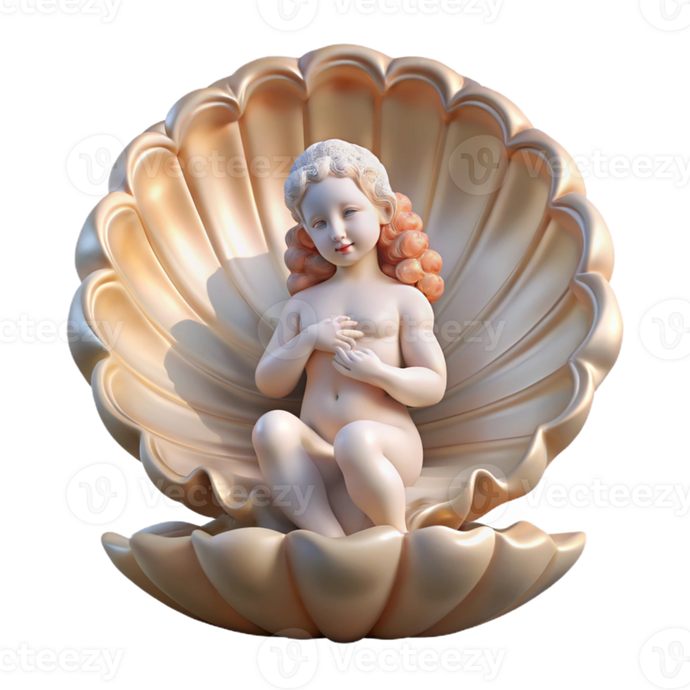 impressive modern Aphrodite emerging from a giant scallop shell, surrounded by cherubs, soft and ethereal lighting, Renaissance style detailed png